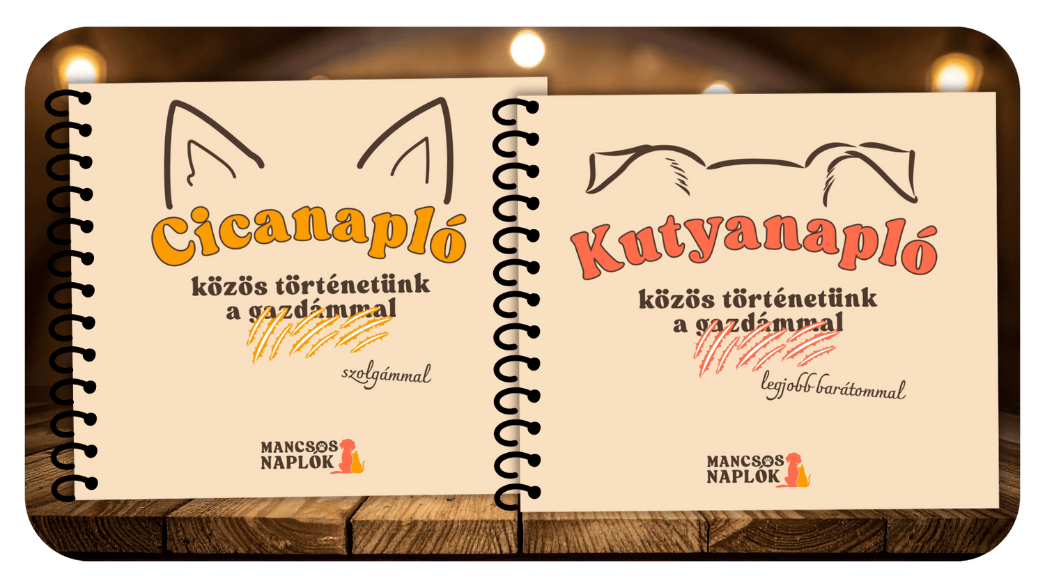 A Cicanapló és a Kutyanapló borítója a Mancsos Naplók sorozat részeként egymás mellett karácsonyi hangulattal a háttérben.